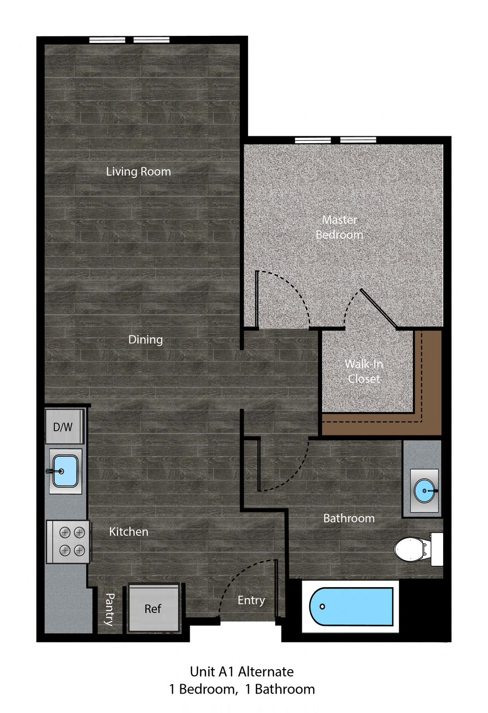 Floor plan for 1 bed, 1 bath, 545 sqft